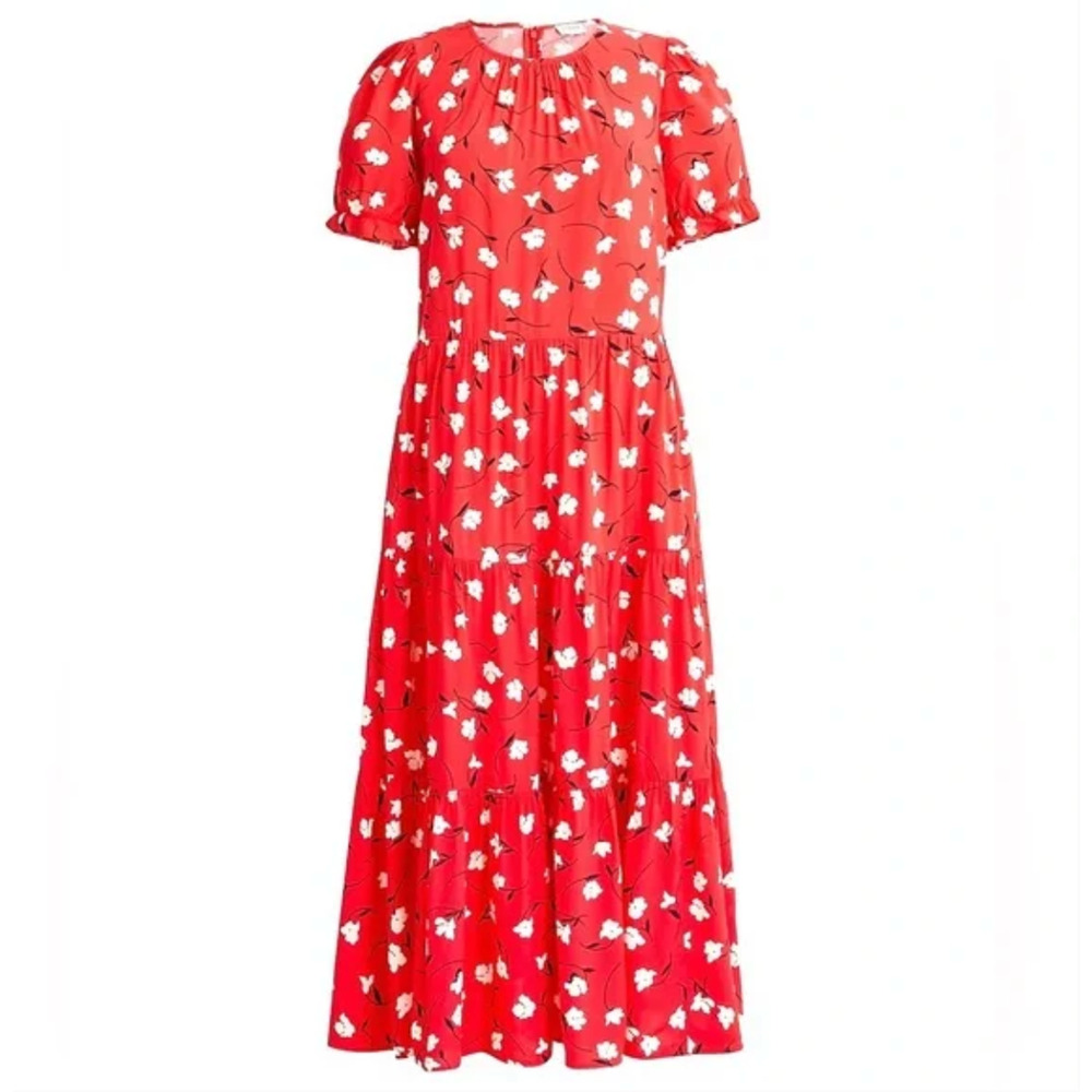 J. Crew Floral Puff-Sleeve Tiered Midi Dress Red BF865 Size L - Picture 4 of 14